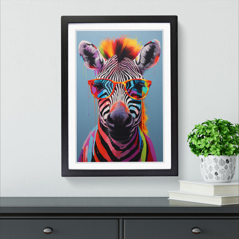 Zebra With Glasses Painting - Framed Print, Black, 64cm H x 46cm W x 2cm D
