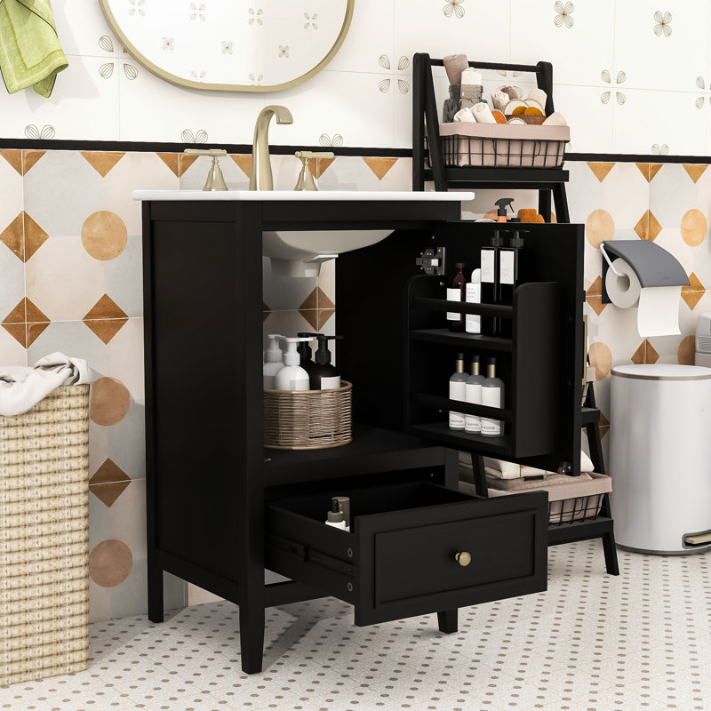 Meuble-lavabo contemporain en bois avec lavabo en céramique lisse, porte à fermeture en douceur et tiroir de rangement, Noir