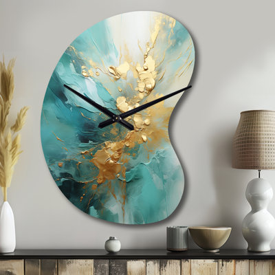 Gold And Teal Aurora Harmony II - Boom Shape Gold Wall Clock Sculpture