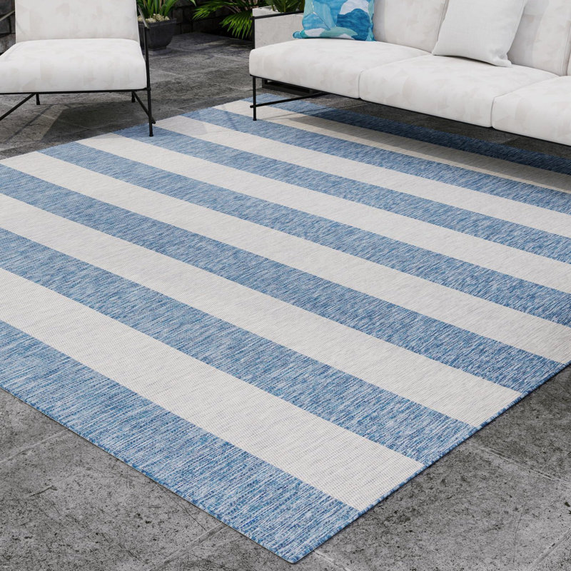 Tapis rayé bleu / gris intérieur / extérieur Simoes, Carré 10 pi