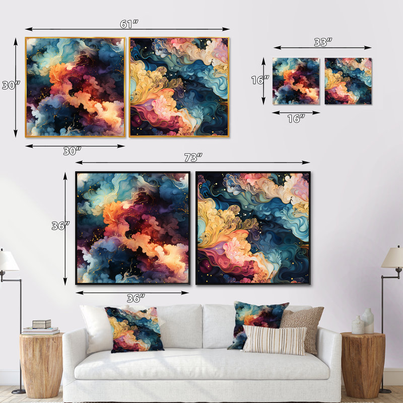 Cynthea - Ensemble de 2 collages abstraits carrés, Cadre flottant doré, H 16 po x l 33 po