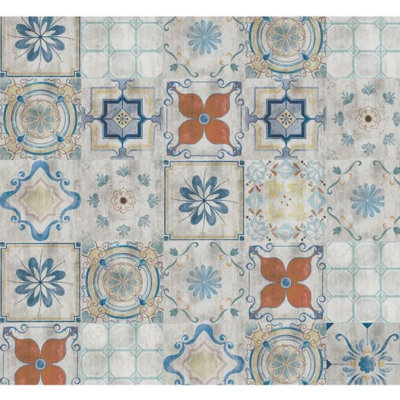 Gray Blue And Mosaic Tile Printed Rug With UV Protection