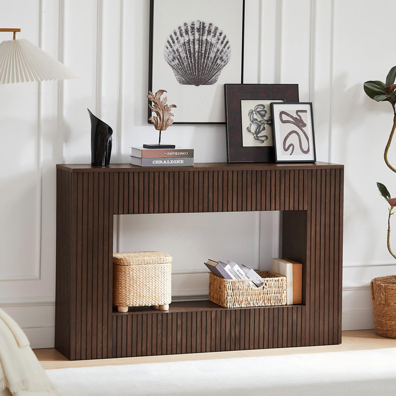55" Modern Slatted Console Table, Narrow Entryway Table For Living Room Or Hallway, Walnut