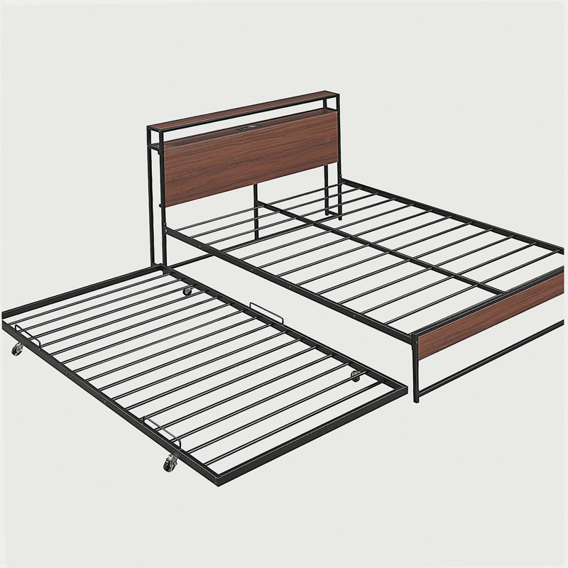 Structure de lit plateforme pleine grandeur en métal avec lit gigogne, ports USB et support à lattes, sans sommier noir requis