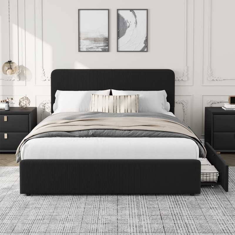 Upholstered Bed Frame with Headboard, Storage Drawers & Wooden Slats, No Box Spring Needed, Queen