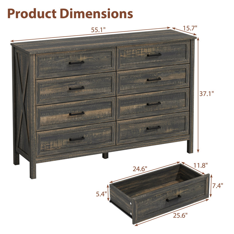 Commode double 8 tiroirs l 55 po pour chambre