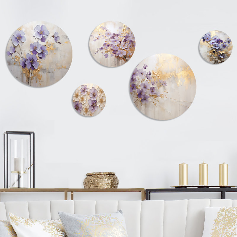 Ensemble d'art mural en métal mauve et violet «Meadow I» - violettes et or 5 pièces