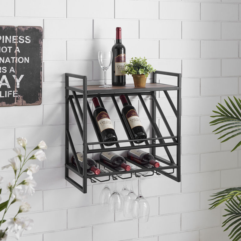 Industrial Wall Mount Metal Wine Rack with Distressed Wood Shelf