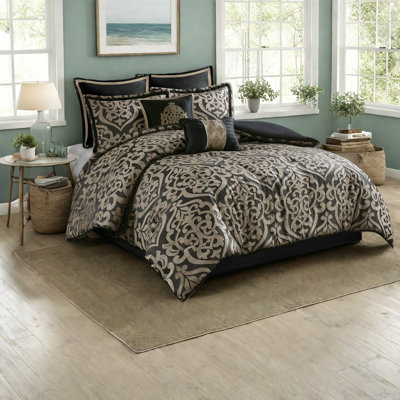 Elegant King Bedding Set, Polyester Black Jacquard, Year-round Comfort