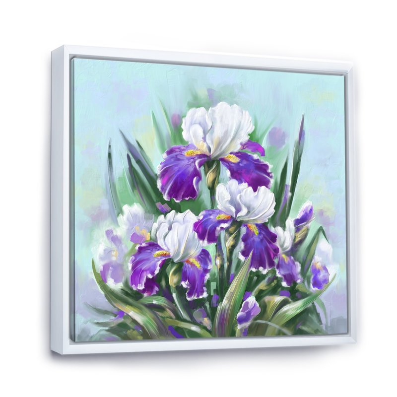 Fleurs et iris mauves en fleurs, H 16 po x l 16 po x P 1 po, Toile encadrée flottée blanche