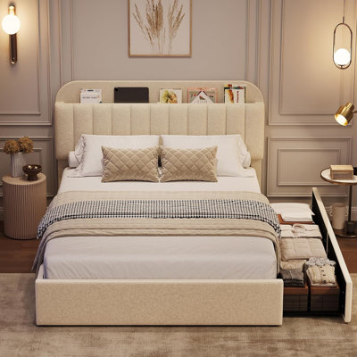 Queen Bed Frame with Storage Headboard, Girls Bed Frame with 2 Drawers, Boucle Upholstered Platform Bed with Bookcase, No Box Spring Needed, Easy Assembly, Ivory White