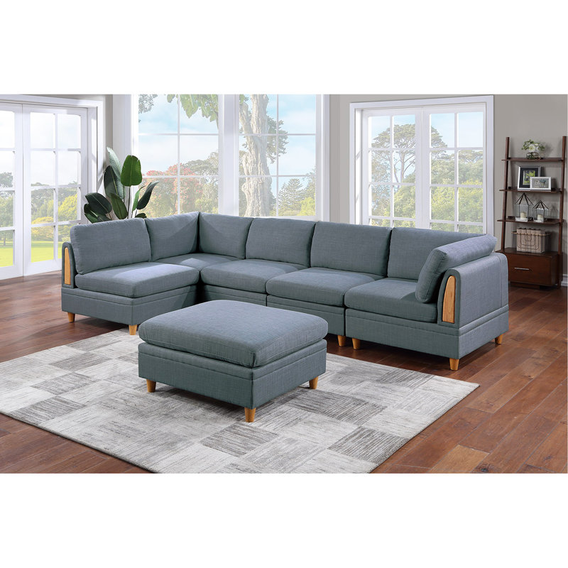 Contemporary Living Room Furniture 6Pc Modular Corner Sectional Set Dorris Fabric Couch 2X Wedges 3X Armless Chair And 1X Ottoman
