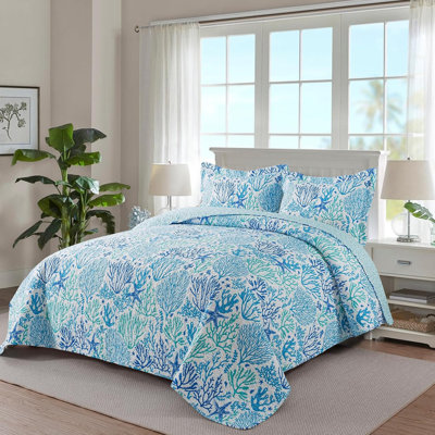 3pcs Hand-Quilted Nautical Blue Wave Bedspread Set - Cotton Filling & Microfiber Cover, Ocean-Style, 1 Bedspread And 2 Pillowcases, All-Season Breathable, Machine Washable, Queen/King Size for Bedroom Guest Room