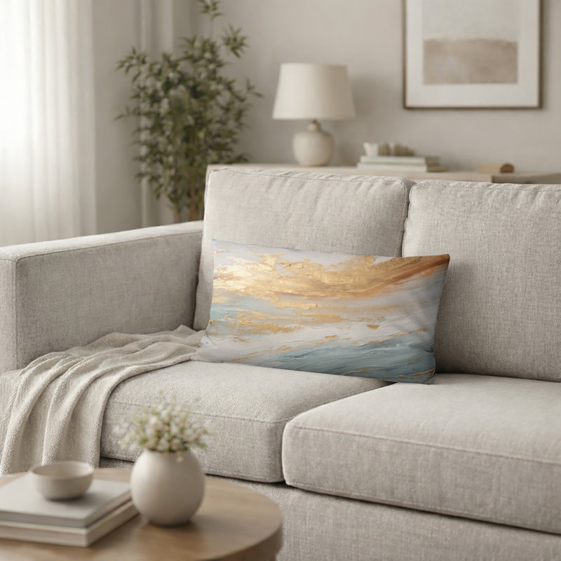 Coussin décoratif imprimé Golden And Blue Beach Tranquility IV - Coussin d'appoint côtier, H 12 po x l 20 po