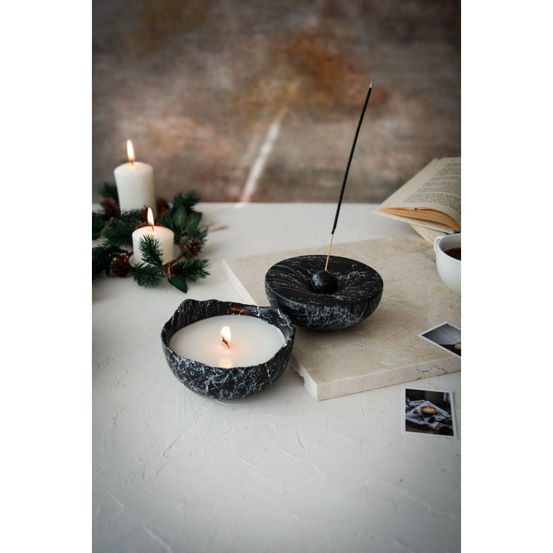 Ensemble de bougies parfumées en marbre Elegant (2 pièces) | 100% verre et 100% cire de soja, 5,1 x 2,4 pouces (bougie) et 5,5 x 2,0 pouces (encensoir) | Parfum vanille, temps de combustion: 8 à 10 heures | Parfait pour la décoration intérieure et la détente