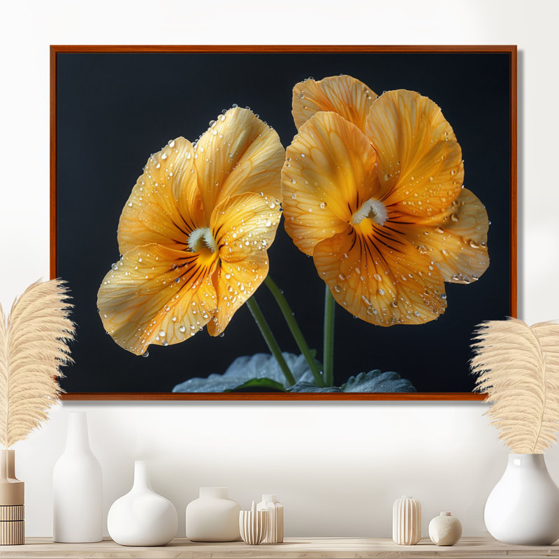 Jaune jaune noir lumineux Pensies I - Pensies Wall Art, Encadrement brun, H 12 po x l 20 po