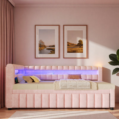 Upholstered Daybed With Led Lights, Usb Ports And Pull Out Trundle Bed