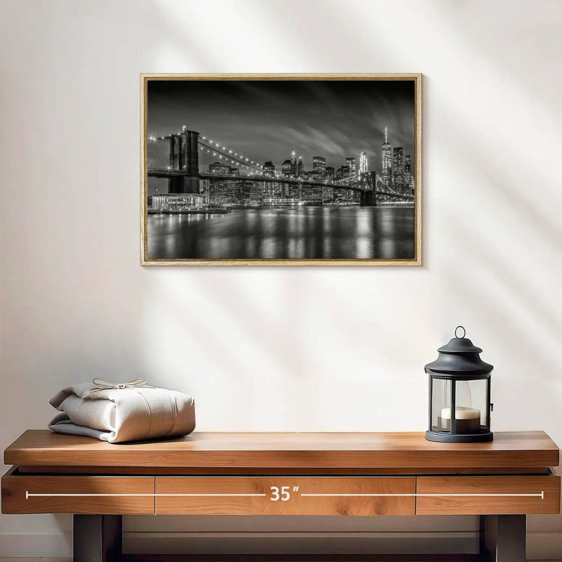 Brooklyn Bridge Nightly Impressions, Cadre flottant en bois naturel, 19 po x 13 po