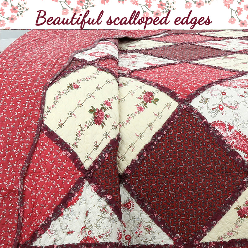 Queen Red Cotton Reversible Patchwork Quilt Set