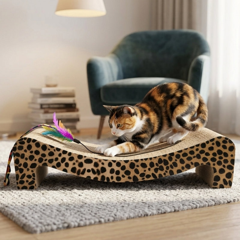 Grattoir en carton ondulé à imprimé léopard naturel, planche à gratter incurvée pour chats d'intérieur