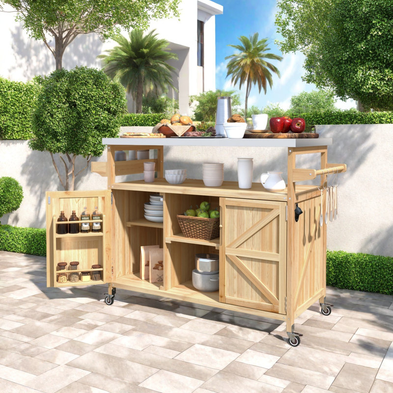 Îlot de cuisine extérieur avec chariot à roulettes et armoire de rangement, Bois naturel