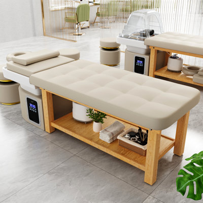82" Stationary Head Spa Massage Table, Hair Washing Massage Bed with Water Cycle & Fumigation Salon Equipment for Beauty Head Spa Physical Therapy Massage, Solid Wood Frame, PU Leather