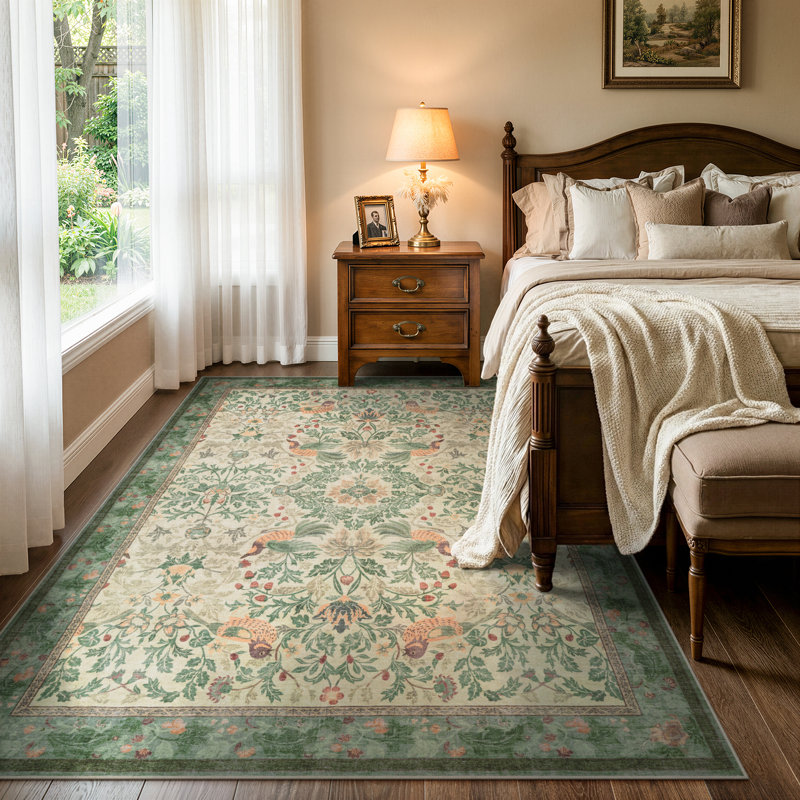 Tapis lavable à motif floral botanique vert sauge, tapis antidérapant traditionnel rétro pour le salon, la salle à manger et la chambre à coucher, revêtement de sol de style chalet
