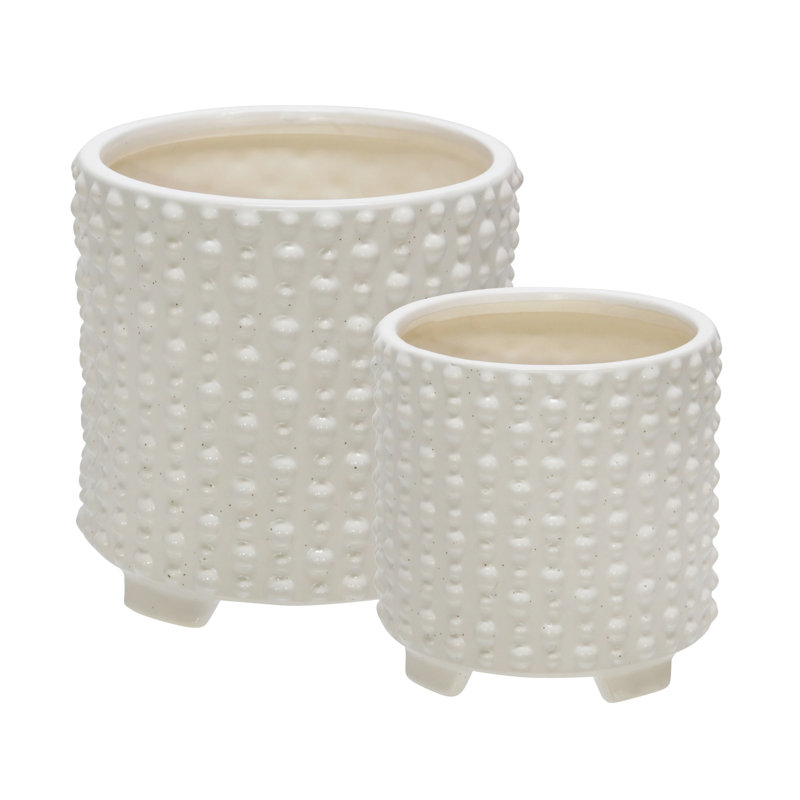 Set of 2 Ceramic Planters Indoor and Outdoor, Creamy Ivory/Beige, 8'' H x 8'' W x 8'' D