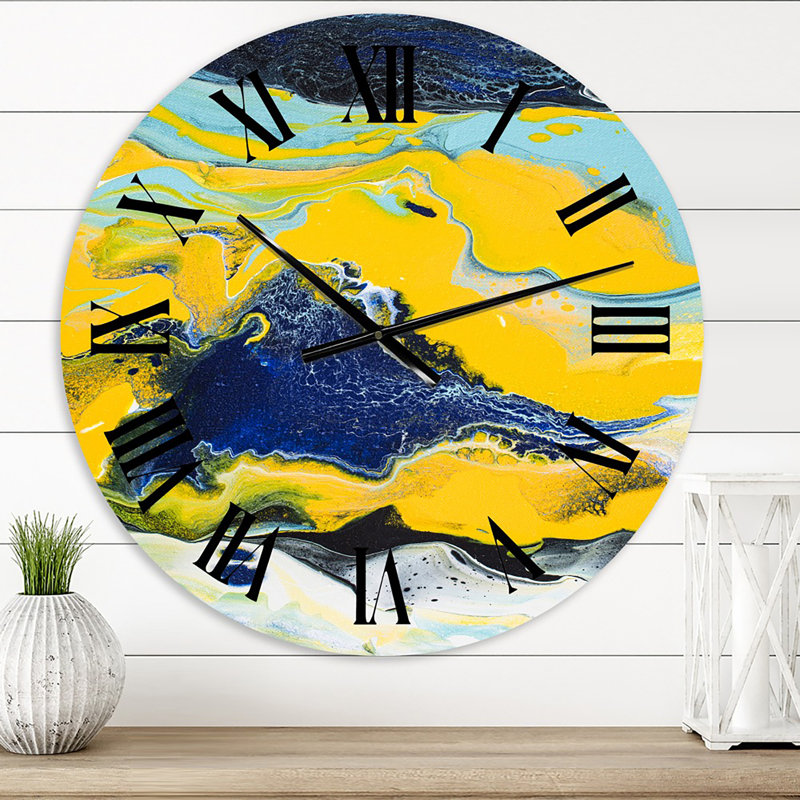 Composition abstraite de marbre jaune et bleu I - horloge murale moderne, Petit