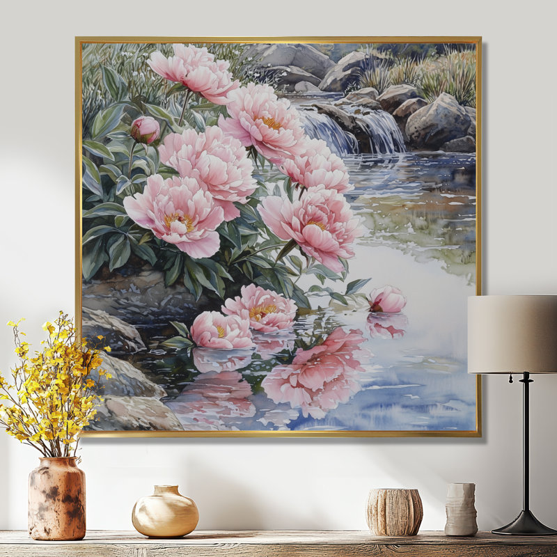 Pivoines près du ruisseau de montagne III - pivoines, art mural large, H 16 po x l 16 po, Impression encadrée flottante, Doré