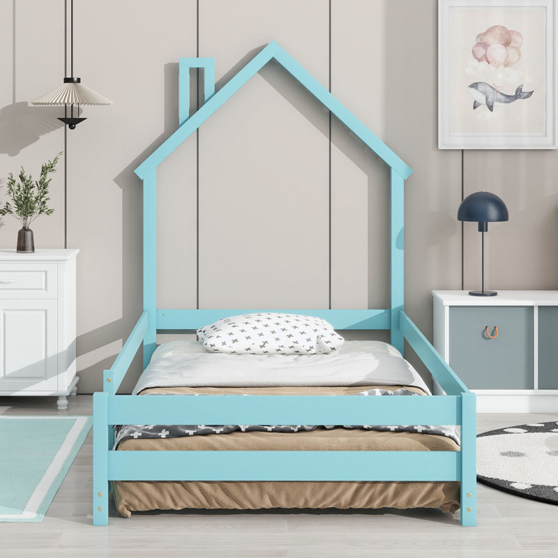 Lit plateforme en bois massif Bartolomeu, Bleu clair