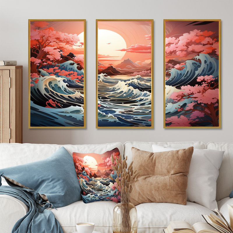 Paysage de tempête océan japonais II - ensemble de décorations murales tempêtes, Cadre flottant doré
