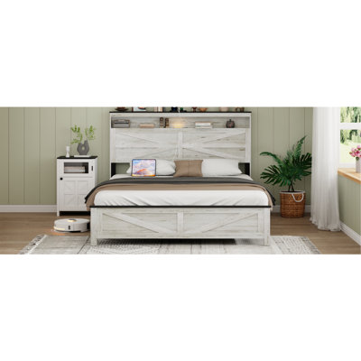 Fully Floating Bed Frame With LED Lights And Charging Station Cushion Platform Bed Frame, Large Bed, With Headboard And Hidden Storage Space, No Need For Box Springs, Antique White+Gray