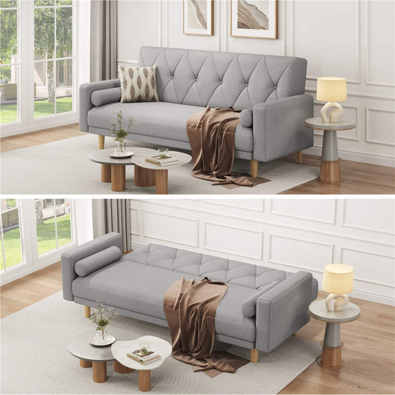 Tufted 3 Seater Sofa Bed, Polyester - Light Grey