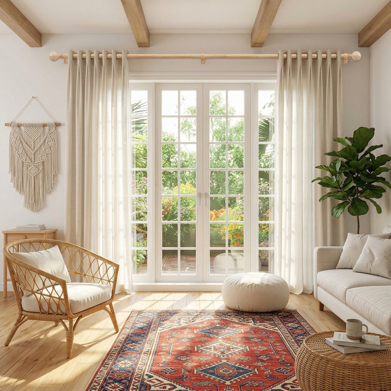 Tringle à rideaux en bois Boho, 1 po de diamètre Tringle à draperie ajustable robuste avec imitation grain de bois et faîteaux à motif de feuilles, style campagnard rustique pour fenêtres 32 à 144 pouces, brun