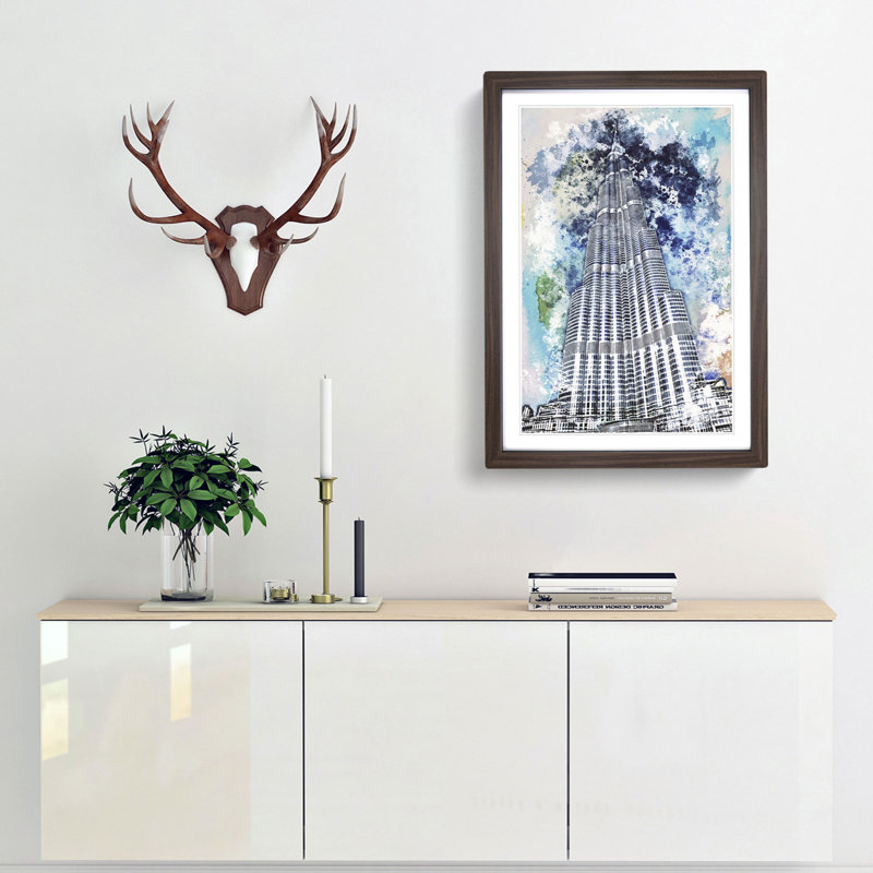Burj Khalifa Skyscraper Dubai in Abstract - Picture Frame Painting Print, 36cm H x 27cm W x 2cm D, Walnut Framed