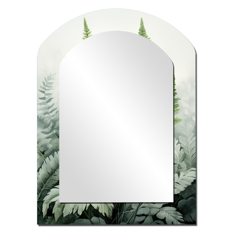 Minimal Ferns Emerald Reverie II - Ferns Asymmetrical Large Mirror, Modern Arch Decorative Wall Mirror, Printed Metal Art