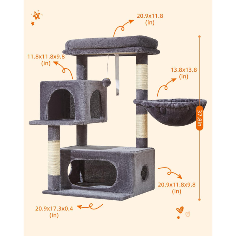 Arbre à chat, tour à chat de 37,8 pouces pour chats d'intérieur, 2 luxueux condo pour chat avec grands paniers suspendus réglables et grand perchoir luxueux fumé MS029G