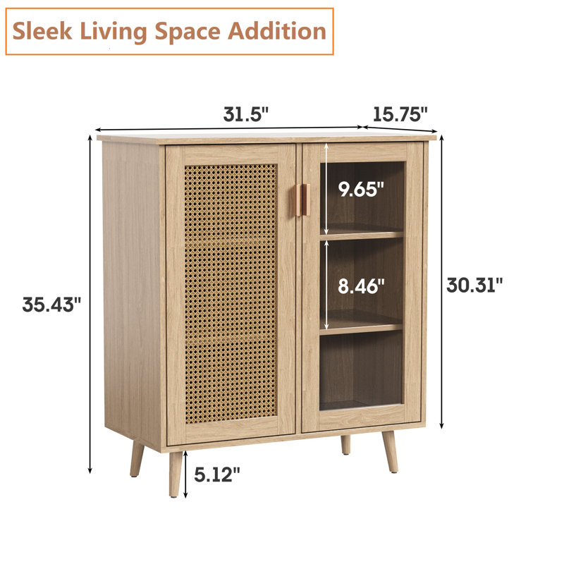 Yinn Sideboard Buffet Kitchen Storage Cabinet with Rattan Decorated Doors, Beige