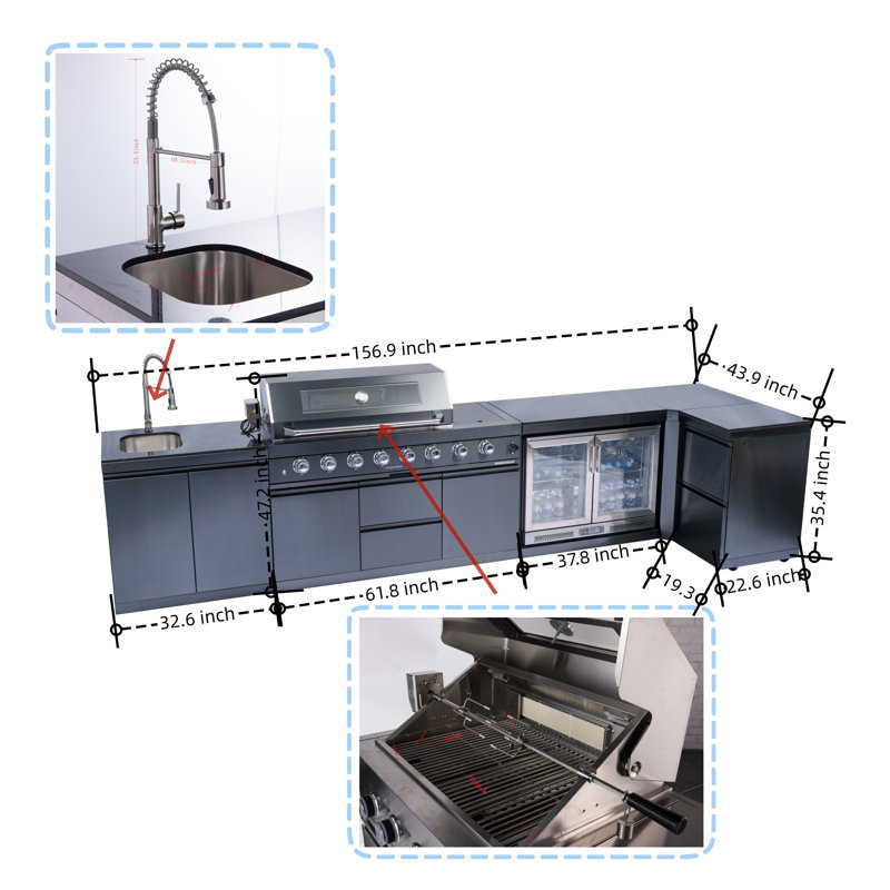Îlot de barbecue en acier inoxydable de luxe 58 pouces à 96 brûleurs 96 000 BTU avec finition noire