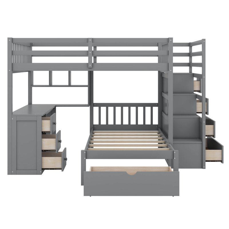 Jefforey Full Over Twin Bunk Bed with Desk, Drawers and Shelves, Gray