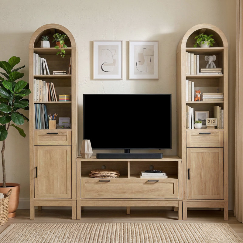 2 Pcs 71" Tall Arched Bookcase With Adjustable Shelf, Natural