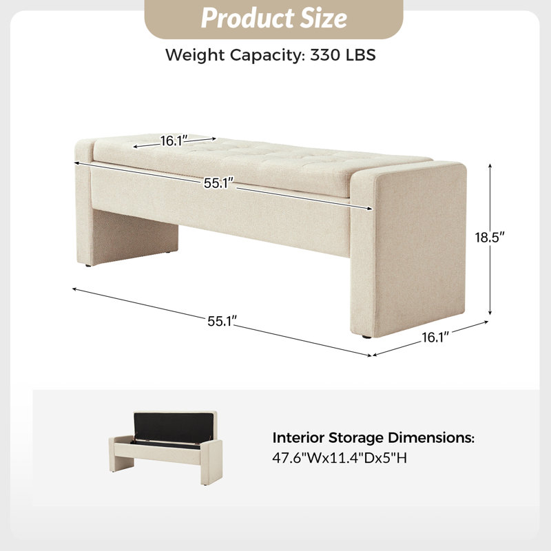 Banc de rangement rembourré capitonné l 55,1 po Anthonique, Beige