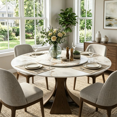 Aversa Modern Round Dining Table, Sintered Stone & Travertine Top With Lazy Susan | 1-Step Assembly, Farmhouse Kitchen Table For Dining Room