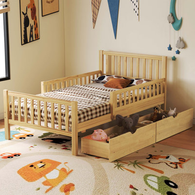 Lit plateforme simple en bois naturel avec garde-corps double et 2 tiroirs de rangement