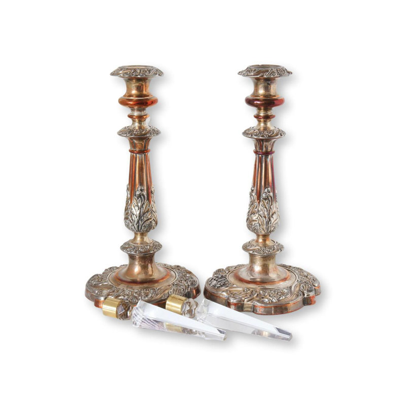 Bougeoirs antiques avec lustres en cristal Sheffield