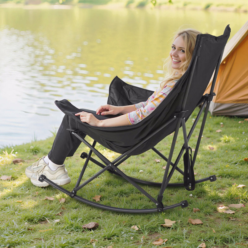 Rocking Camping Chair, Portable Folding Rocker, Heavy-Duty Lawn Chair Recliner With Cupholder & Pocket, Supports 225lbs, Fully Padded Camp Chairs For Outdoor Patio Backyard Porch Garden