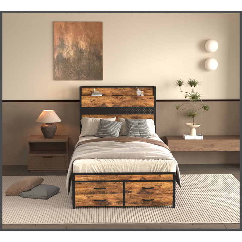 Lit plateforme simple en métal avec tiroirs de rangement, aucun sommier requis, tête de lit