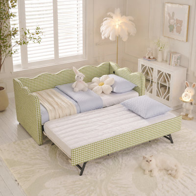 Cozy Gingham Daybed with Trundle Twin Size Linen Sofa Bed with USB Port and Adorable Wave Shaped