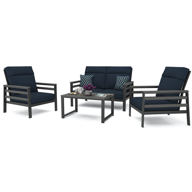 Ensemble de conversation pour 4 personnes avec coussins Sunbrella® Barbuda, Toile bleu marine, Gris foncé / Gris